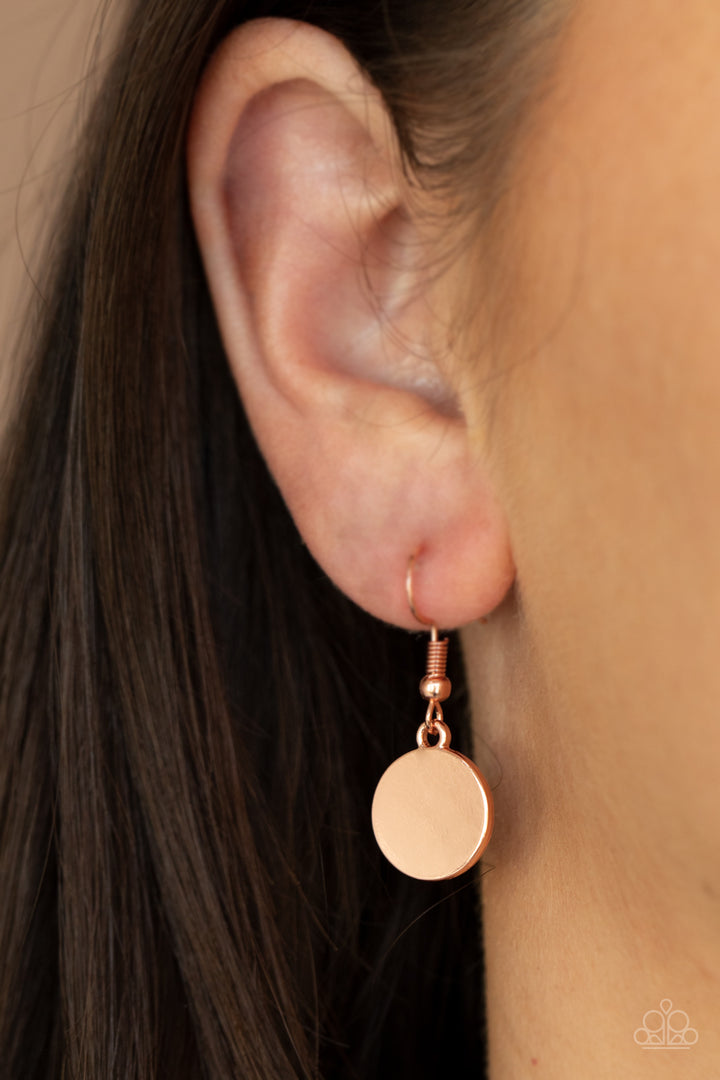 Laguna Lounge - Copper Necklace - Paparazzi Accessories - A shimmery collection of dainty shiny copper discs, shiny copper rings, and white shell-like frames delicately link across the chest, creating a summery display. Features an adjustable clasp closure. Sold as one individual necklace.
