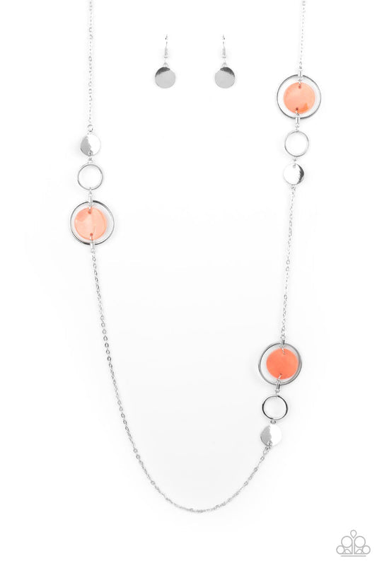 Laguna Lounge - Coral Orange and Silver Necklace - Paparazzi Accessories - A shimmery collection of dainty silver discs, shiny silver rings, and Burnt Coral shell-like frames delicately link across the chest, creating a summery display. Features an adjustable clasp closure. Sold as one individual stylish fashion necklace.