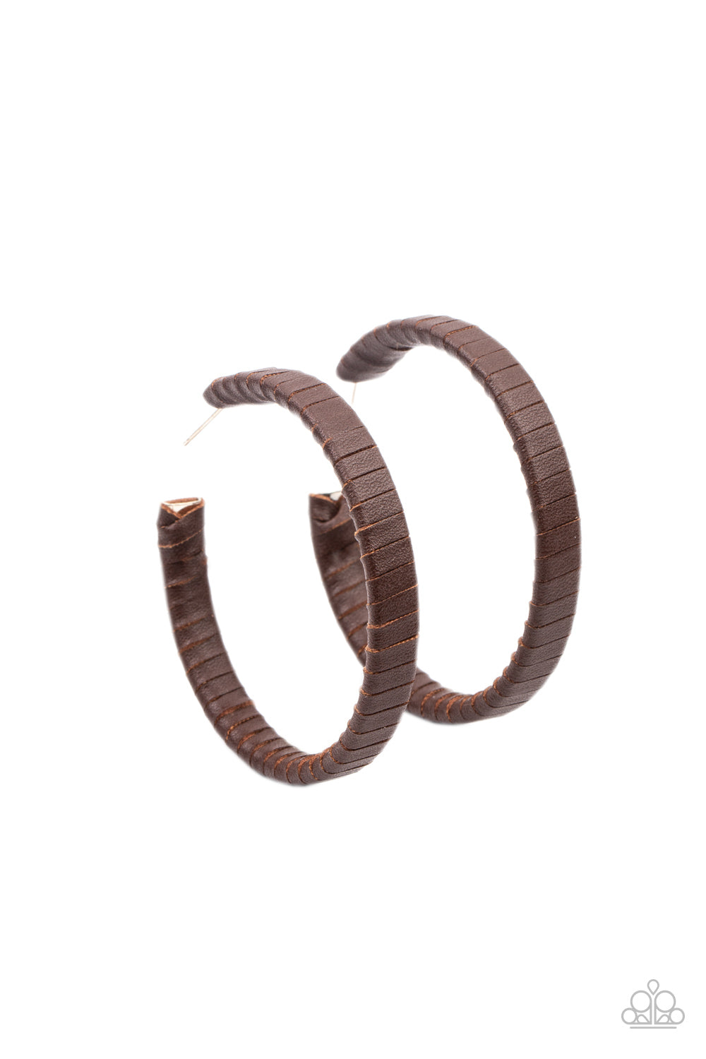 Leather-Clad Legend - Brown Leather Hoop Earrings - Paparazzi Accessories -
A rustic brown leather lace wraps around a thick silver hoop, creating an edgy display. Earring attaches to a standard post fitting. Hoop measures approximately 2 1/2" in diameter.
Sold as one pair of hoop earrings.