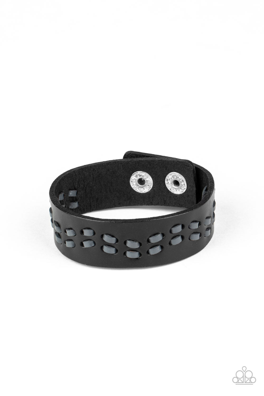Leather Is My Favorite Color - Black Urban Bracelet - Paparazzi Accessories - Black leather cording is haphazardly laced through the center of a black leather band, creating a rustic look around the wrist. Features an adjustable snap closure. Sold as one individual bracelet.