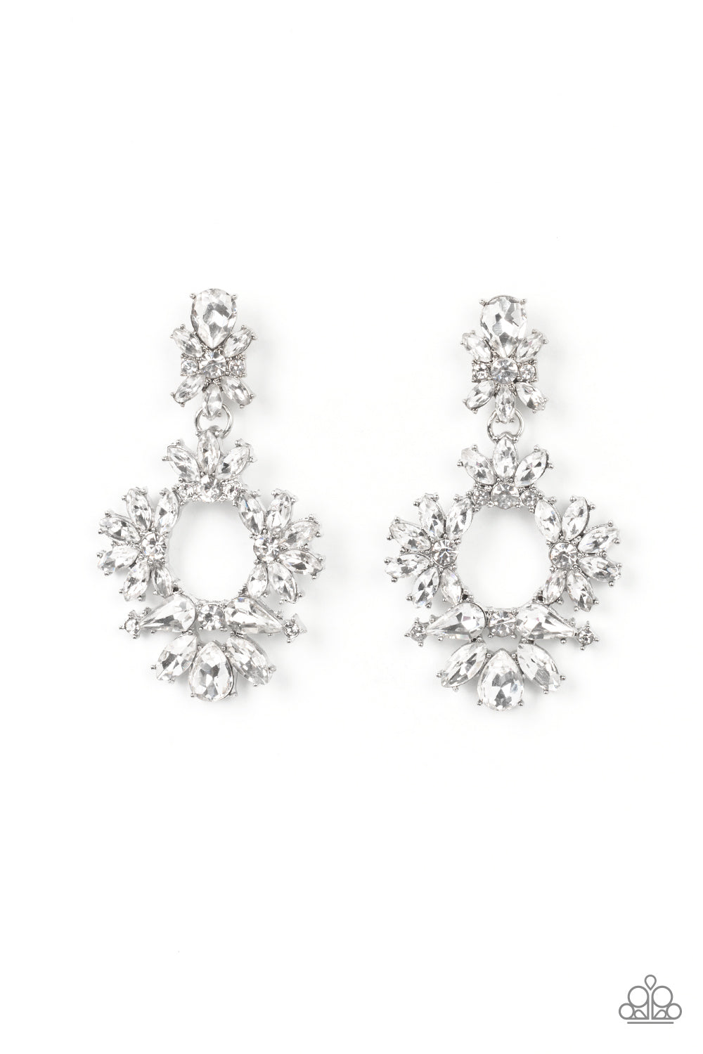 Leave them Speechless - White and Silver Dazzling Earrings - Paparazzi Accessories - Ablaze with a mismatched assortment of brilliant white rhinestones, a stunning wreath swings from the bottom of a dainty white rhinestone fitting for a jaw-dropping dazzle earrings.