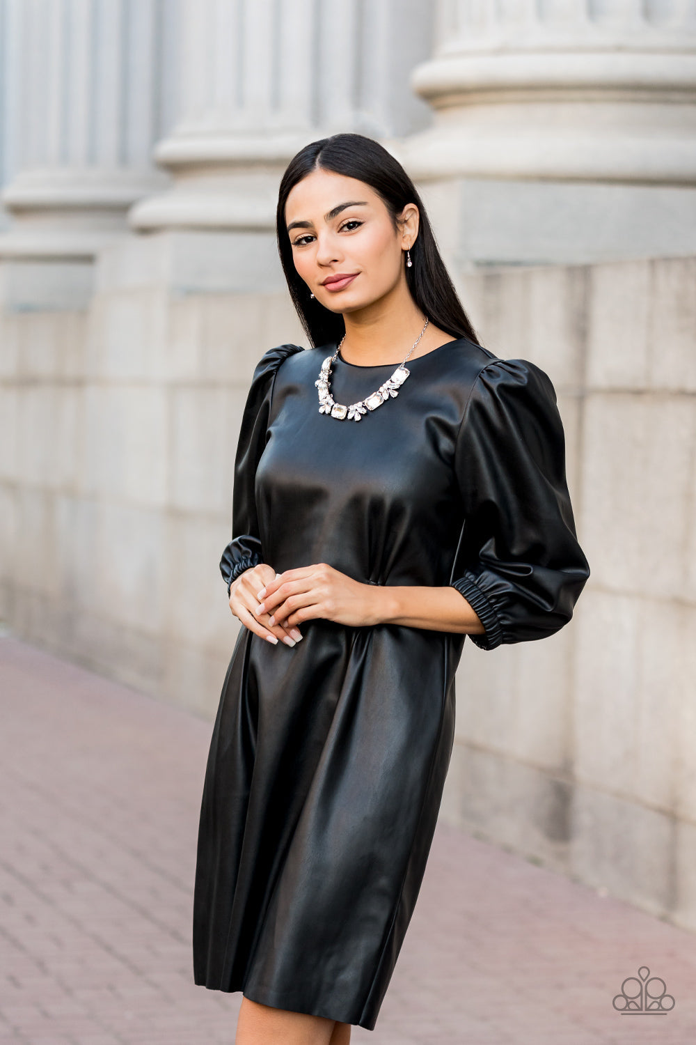 Long Live Sparkle - White Gem and Silver Necklace - Paparazzi Accessories - An oversized collection of white emerald cut gems and regally cut clusters of rhinestones delicately link below the collar, creating a dramatically sparkly fringe. Features an adjustable clasp closure. Sold as one individual necklace.