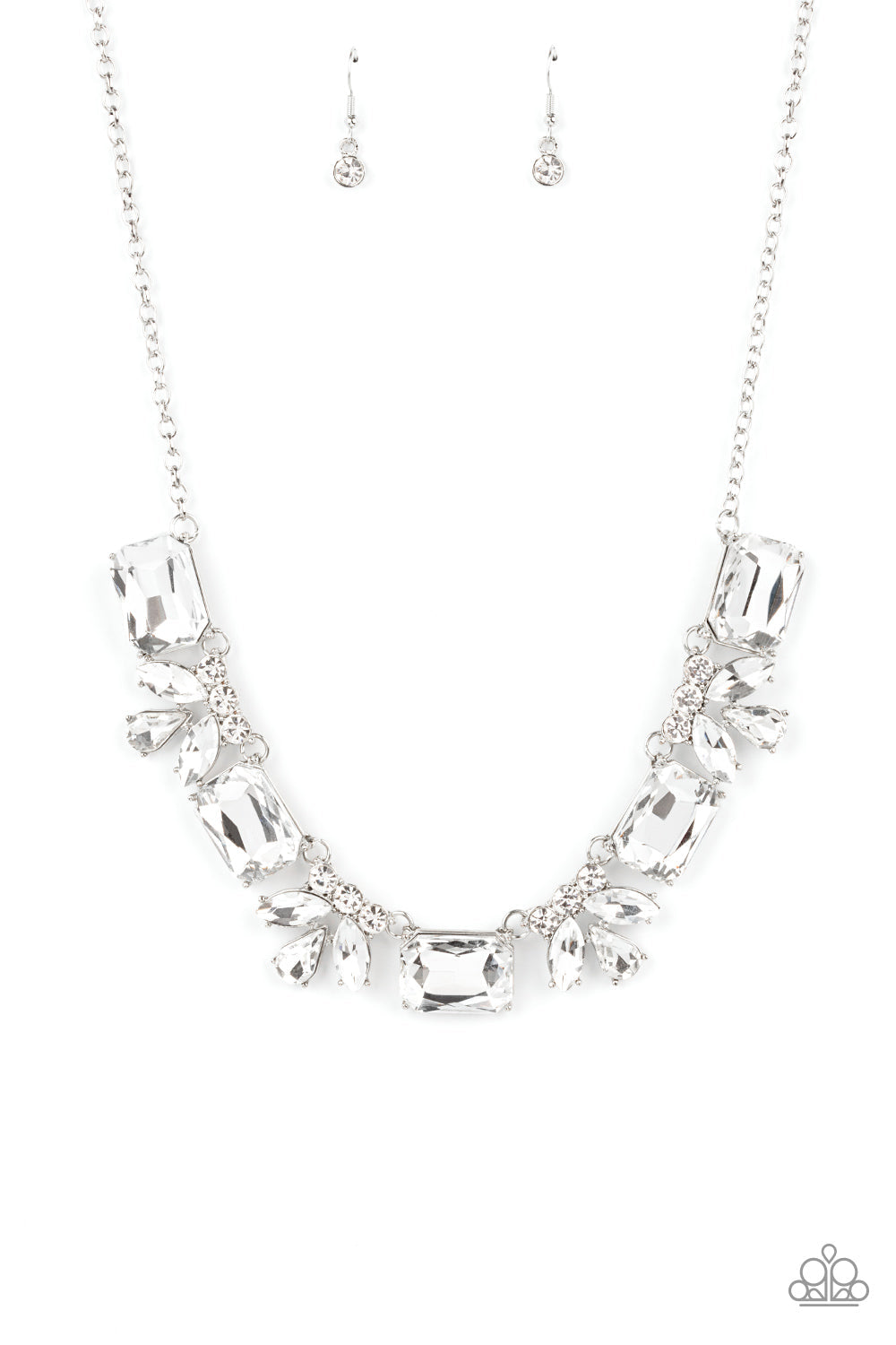 Long Live Sparkle - White Gem and Silver Necklace - Paparazzi Accessories - An oversized collection of white emerald cut gems and regally cut clusters of rhinestones delicately link below the collar, creating a dramatically sparkly fringe. Features an adjustable clasp closure. Sold as one individual necklace.