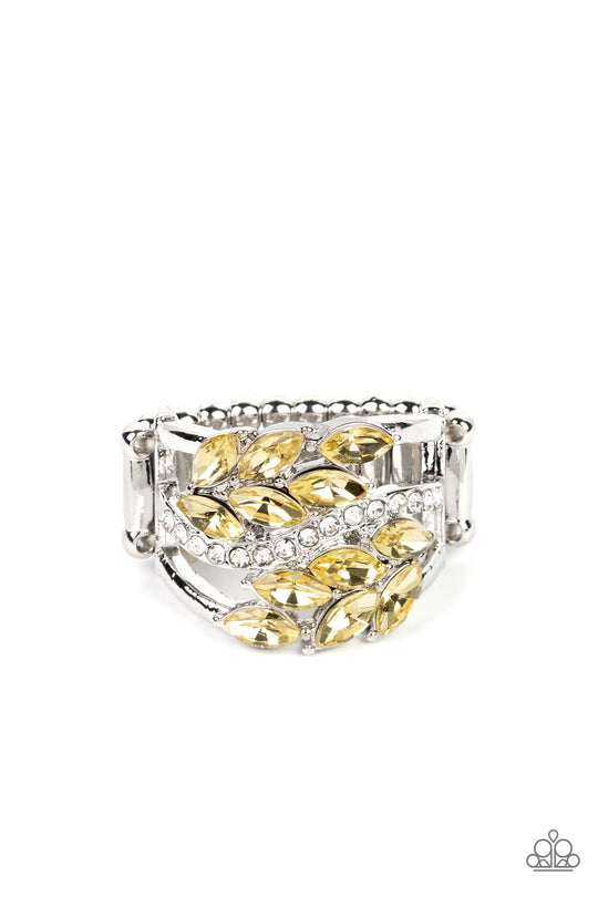 Luminously Leafy - Yellow and Silver Ring - Paparazzi Accessories - Clusters of yellow marquise-cut crystals flank a wavy band of dainty white rhinestones atop the finger. The yellow crystals fall into a leafy pattern, adding a touch of earthy elegance to the luminously layered look. Features a stretchy band for a flexible fit. Sold as one individual ring.