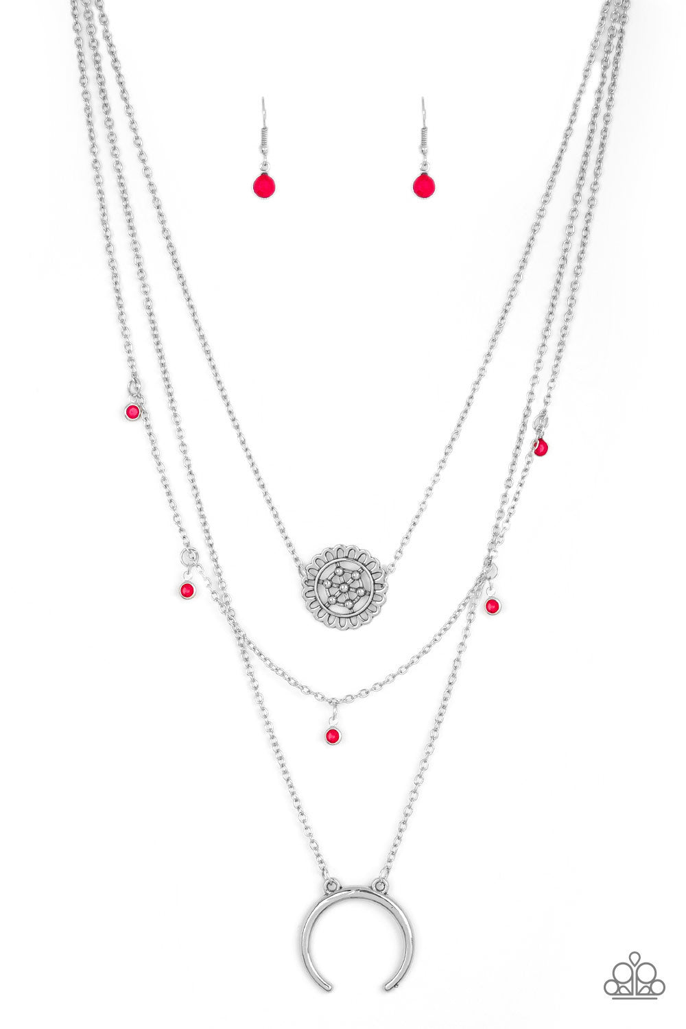 Lunar Lotus - Pink and Silver Necklace - Paparazzi Accessories - A silver floral frame swings from the uppermost chain, above a strand of faceted pink beads swinging from a shimmery silver chain. A silver crescent frame swings from the lowermost chain, creating whimsical layers down the chest.