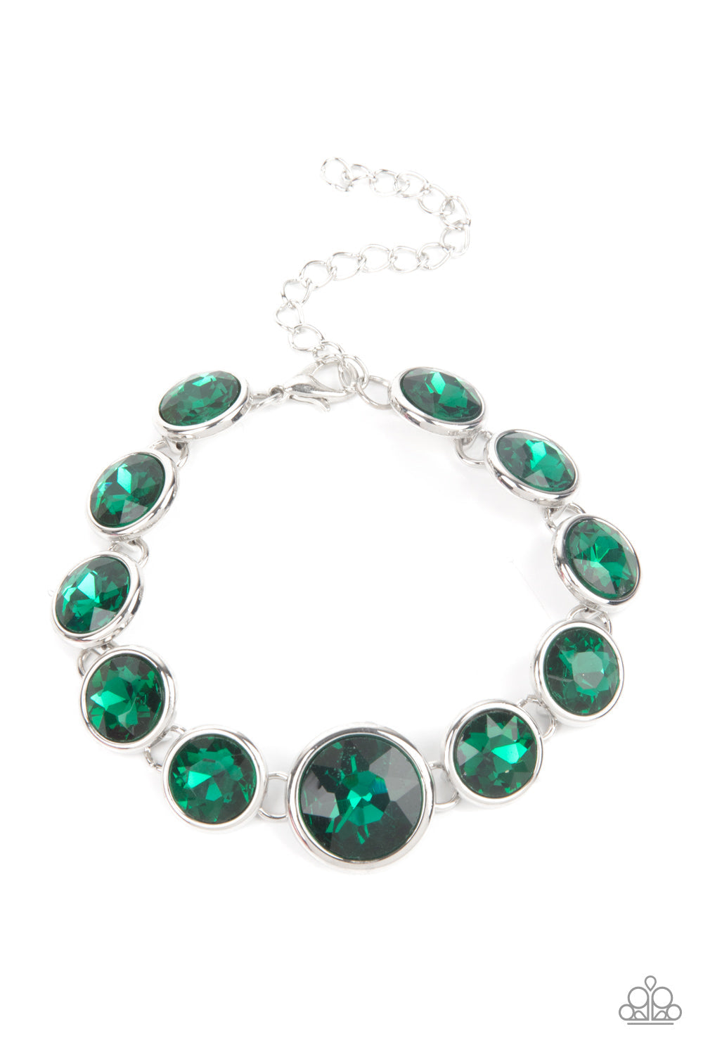 Lustrous Luminosity - Green and Silver Stylish Bracelet - Paparazzi Jewelry - Bejeweled Accessories By Kristie - An oversized collection of sparkly green gems delicately link around the wrist for a glamorous finish.