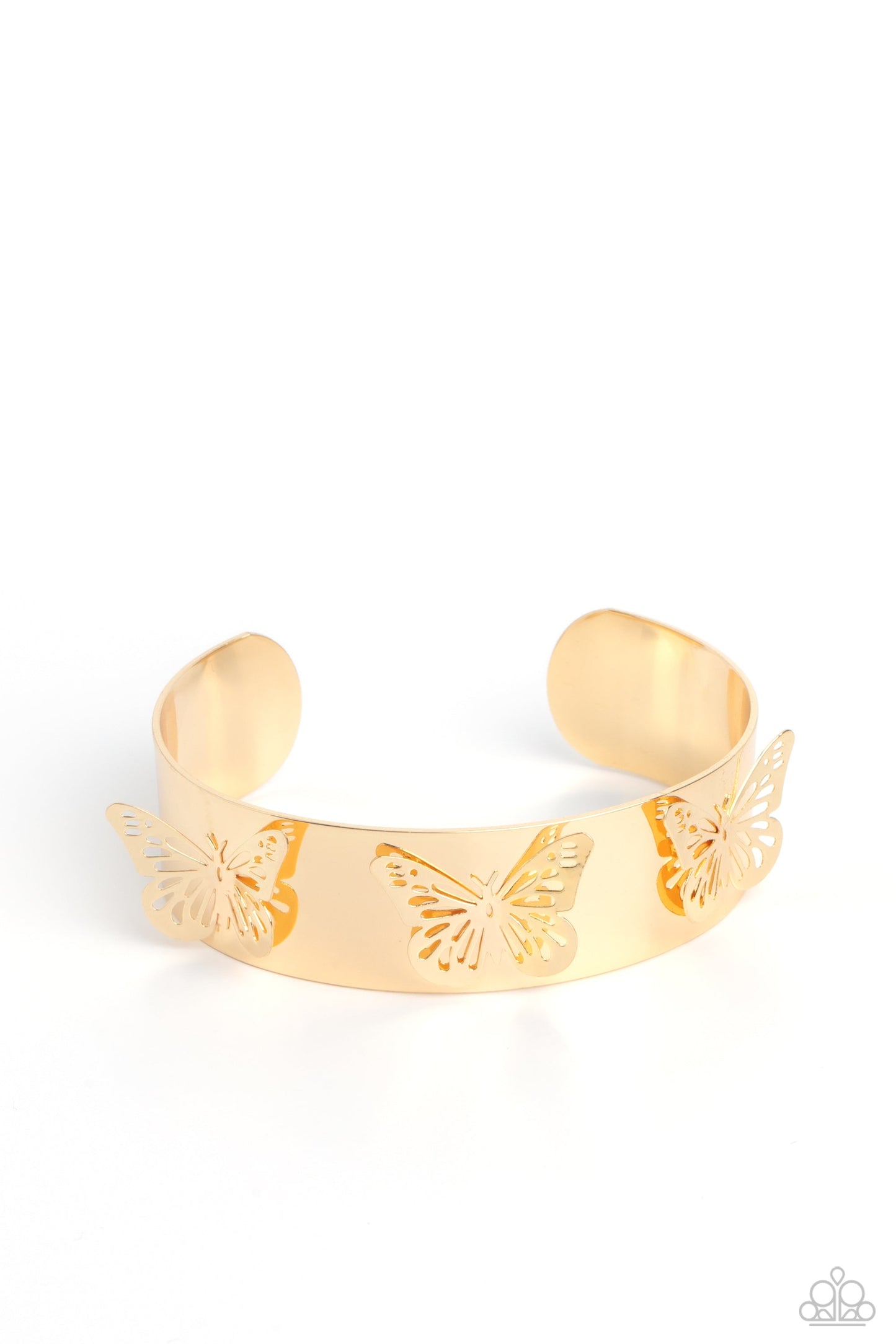 Magical Mariposas - Gold Butterfly Bracelet - Paparazzi Accessories - Three shimmery gold butterflies flutter atop the wrist on a thick gold cuff for a whimsical finish. Sold as one individual bracelet.