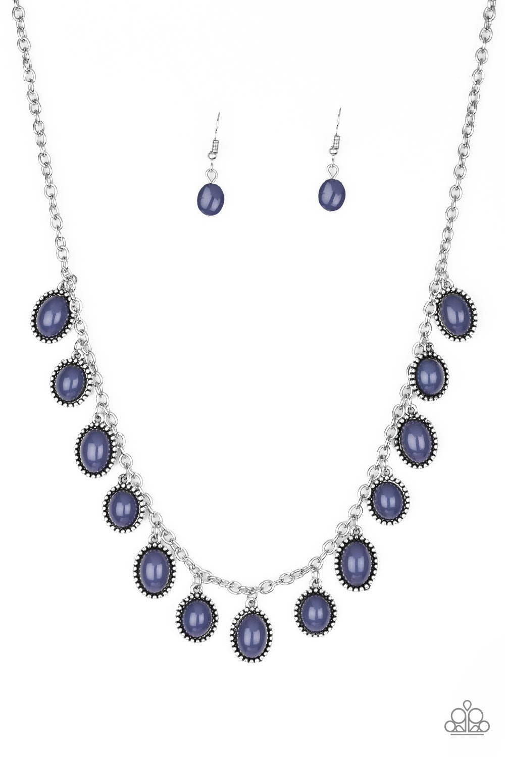 Make Some Roam - Blue and Silver Fashion Necklace - Paparazzi Accessories Infused with studded silver frames, round and oval Sargasso Sea beads swing from a shimmery silver chain, creating a refreshing fringe below the collar. Features an adjustable clasp closure. Sold as one individual necklace.