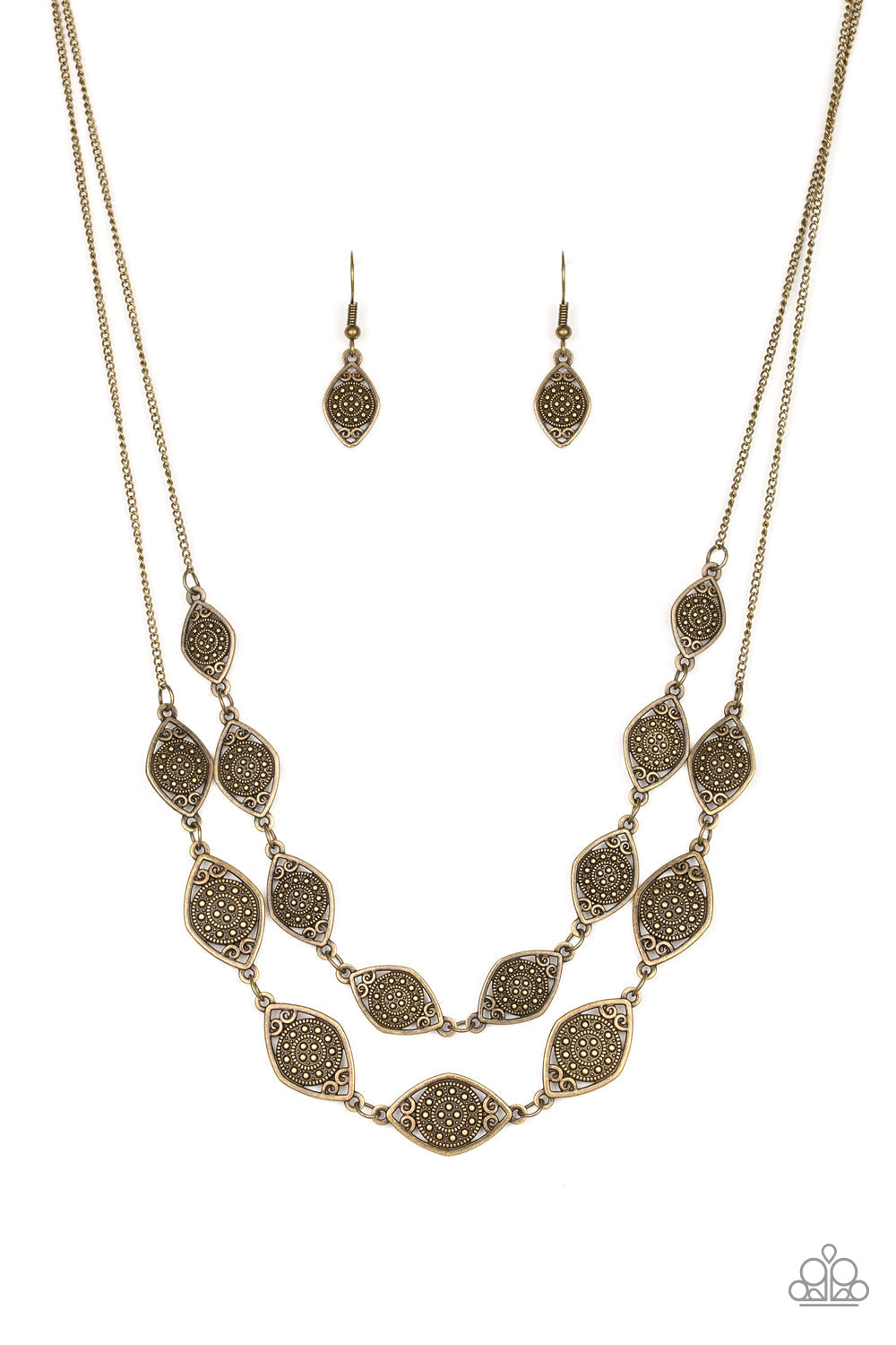 Make Yourself At HOMESTEAD - Brass Chain Fashion Necklace - Paparazzi Accessories -Featuring ornate brass centers, marquise shaped frames link into two rows below the collar for a rustic look.