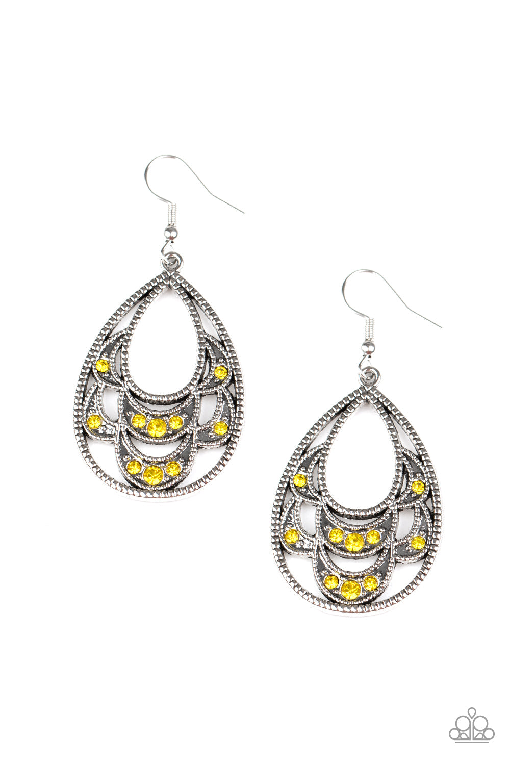 Malibu Macrame - Yellow and Silver Earrings - Paparazzi Accessories - Dotted in dainty yellow rhinestones, studded silver petals layer into an ornate silver teardrop for a whimsical look. Earring attaches to a standard fishhook fitting fashion earrings.