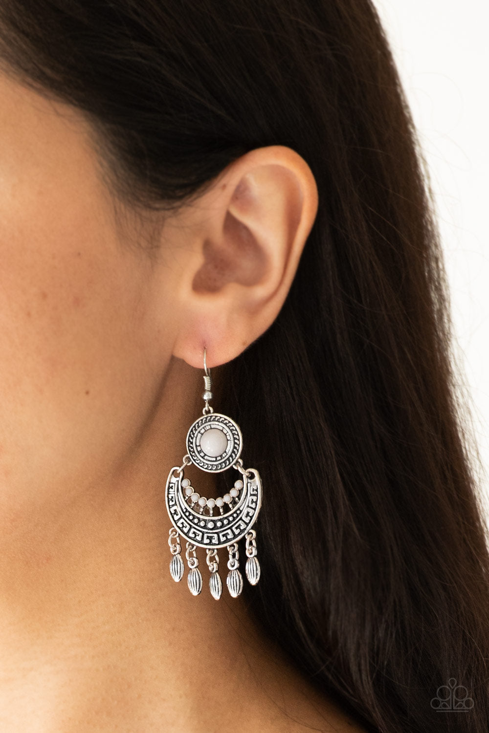 Mantra to Mantra - Silver and Gray Earrings - Paparazzi Accessories - Dotted with a shiny gray beaded center, a round silver frame gives way to an ornate silver crescent. Dainty silver beads swing from the bottom of the stacked frames, adding a whimsical fringe to the tribal inspired lure.