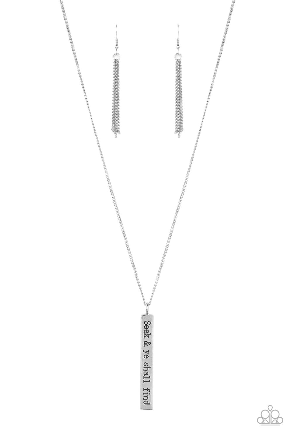 Matt 7:7 - Silver Fashion Necklace - Paparazzi Accessories - A flattened rectangular pendant is stamped in the biblical phrase, "Seek & ye shall find. Matt 7:7," creating an inspirational sight at the bottom of an extended silver chain. Features an adjustable clasp closure.