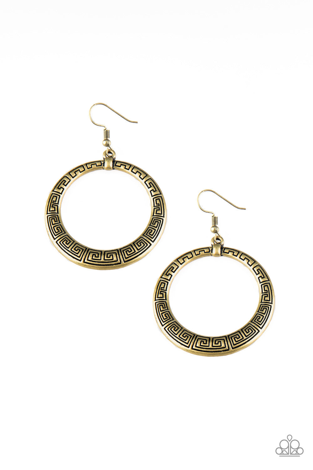 Mayan Mantra - Brass Earrings - Paparazzi Accessories - Brushed in an antiqued shimmer, a glistening brass hoop is stamped in dizzying patterns for a tribal inspired look.