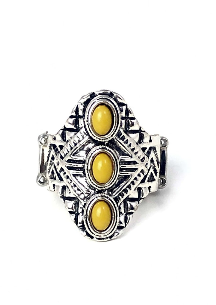 Mayan Motif - Yellow and Silver Ring - Paparazzi Accessories - Bejeweled Accessories By Kristie - Three dainty yellow beads stack along the center of an ornate silver frame embossed in shimmery geometric patterns for a bold tribal fashion ring. Features a stretchy band for a flexible fit. Sold as one individual ring.