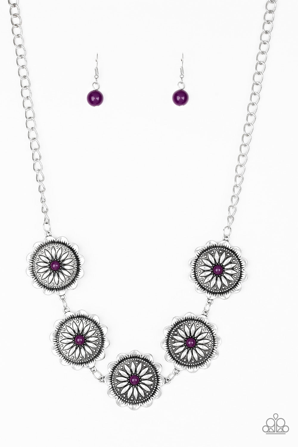 Me-dallions, Myself, and I - Purple and Silver Necklace - Paparazzi Accessories - Infused with shiny plum beaded centers, ornate floral stamped frames link below the collar for a colorfully, seasonal look. Features an adjustable clasp closure. Sold as one individual necklace.