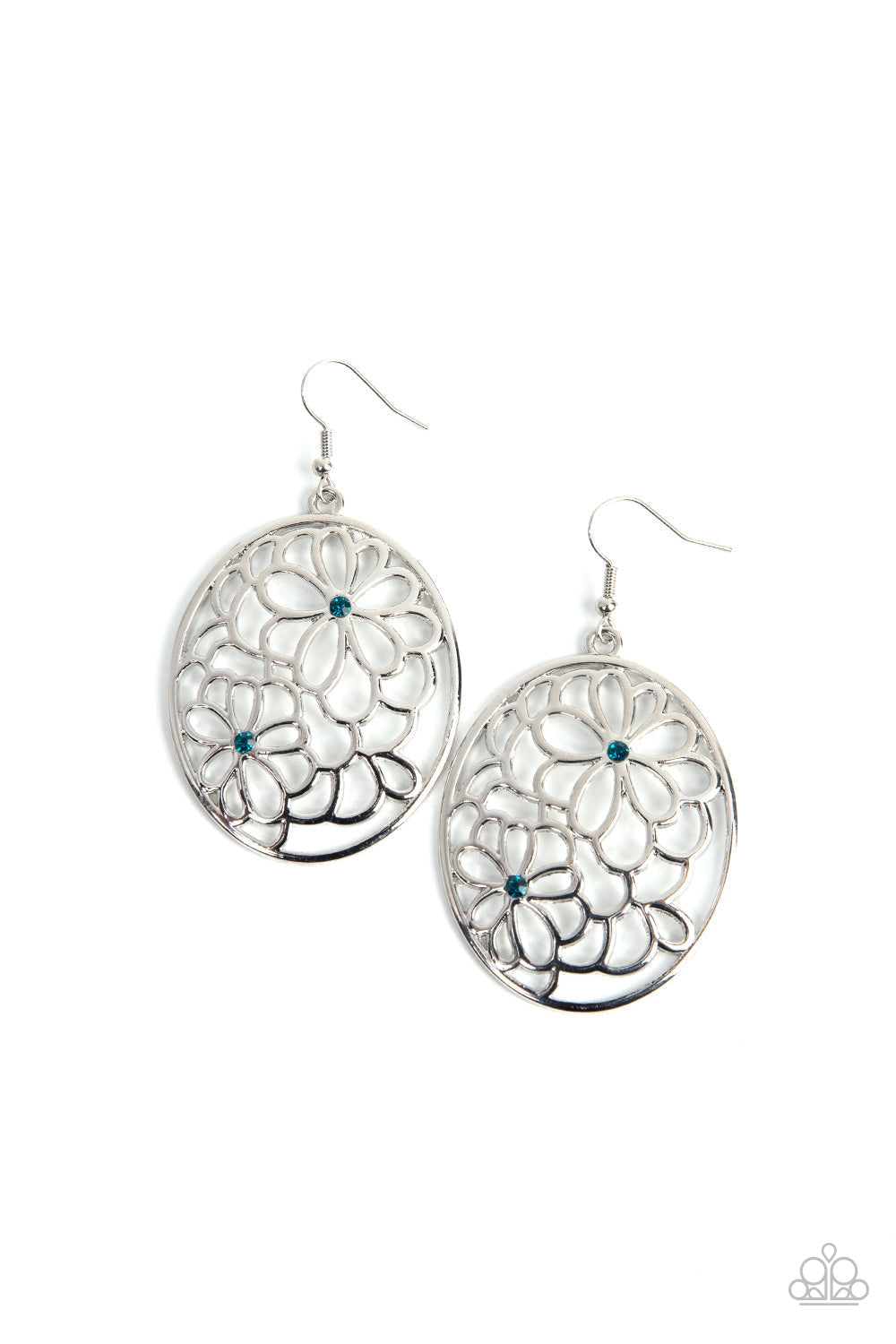 Meadow Maiden - Blue and Silver Flower Earrings - Paparazzi Accessories - Sparkling blue rhinestones and silver flowers bloom inside a circular frame for a whimsically botanical display below the ear. Earring attaches to a standard fishhook fitting. Sold as one pair of earrings.