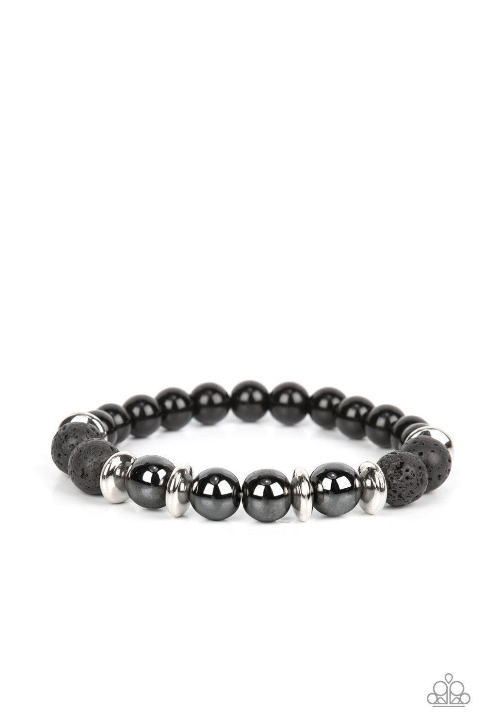 Mega Metamorphic - Black Lava Rock - Gunmetal Bead Stretchy Bracelet - Paparazzi Accessories - Infused with a section of polished black beads, a stellar assortment of gunmetal beads, silver accents, and black lava rock beads are threaded along stretchy bands around the wrist for an urban flair.