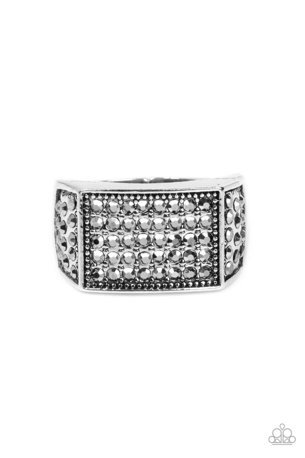 Metro Merger - Silver Ring - Paparazzi Accessories - The front of a rectangular silver frame is encrusted in sections of hematite rhinestones, resulting in a smoldering centerpiece atop the finger. Features a stretchy band for a flexible fit. Sold as one individual ring.