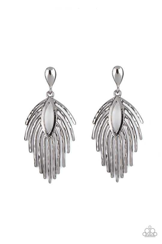 Metro Safari Black - Gunmetal - Post Earrings - Paparazzi Accessories - Anchored by a solid gunmetal bulb, gunmetal bars flare out and fall like shooting stars from an open marquise frame creating a captivating allure. Earring attaches to a standard post fitting.
