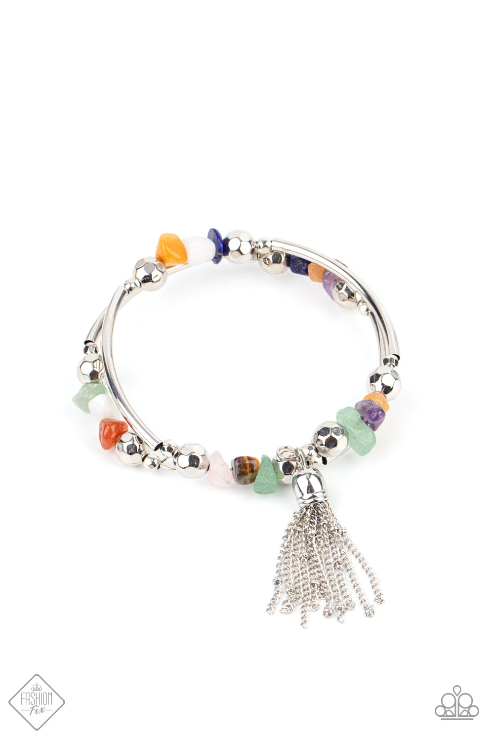 Mineral Mosaic - Multi Color and Silver Rock Bead Bracelet - Paparazzi Accessories - An earthy collection of silver beads, raw cut multicolored rock beads, and silver accents are threaded along a coiled wire around the wrist for a grounding pop of color. A shimmery silver chain tassel swings from one end of the spiral. Sold as one individual bracelet.