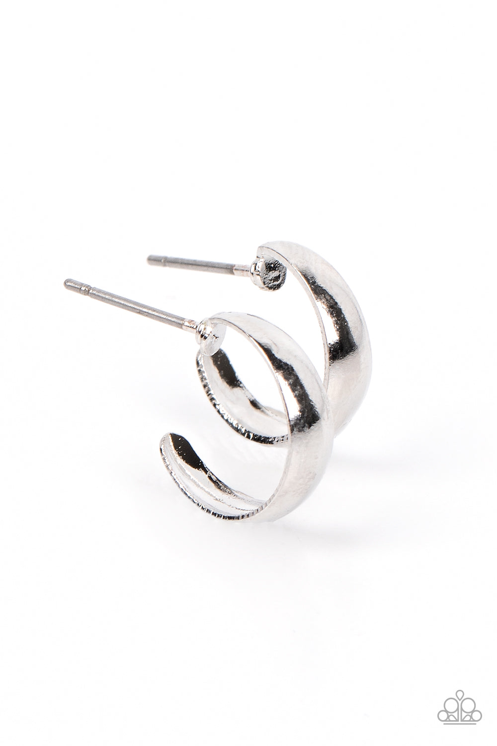 Mini Magic - Silver Hoop Fashion Earrings - Paparazzi Accessories - A high-sheen a slightly flared smooth silver bar curves into a dainty hoop resulting in a basic staple piece perfect for layering. Earring attaches to a standard post fitting. Hoop measures approximately 1/2" in diameter. Sold as one pair of hoop earrings. Bejeweled Accessories By Kristie - Trendy fashion jewelry for everyone -
