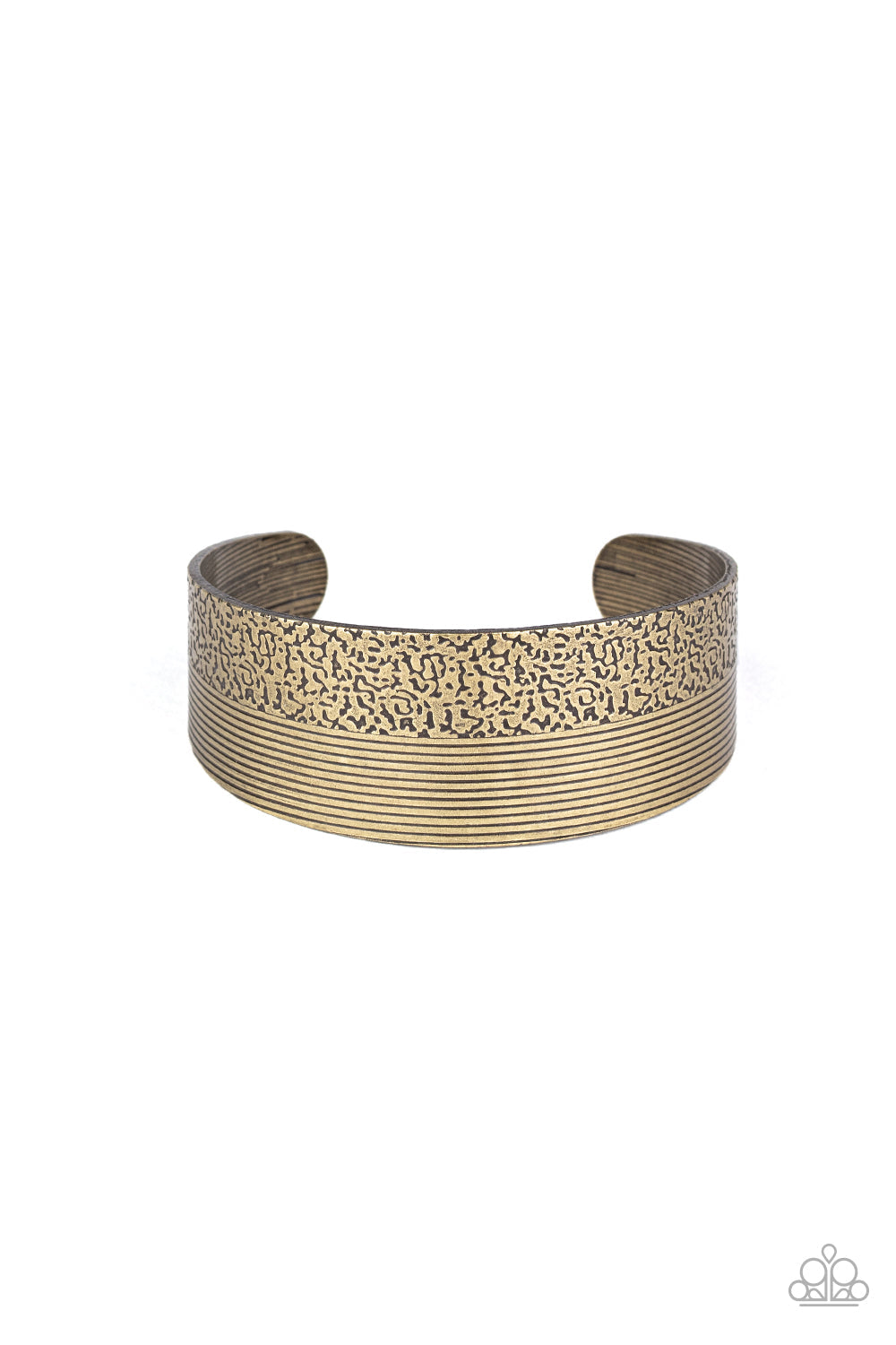 Mixed Vibes - Brass Cuff Bracelet - Paparazzi Accessories - One half of a thick brass cuff is engraved in stacked linear lines while the other half is hammered in a row of tactile textures, creating a collision of texture around the wrist. Sold as one individual bracelet.