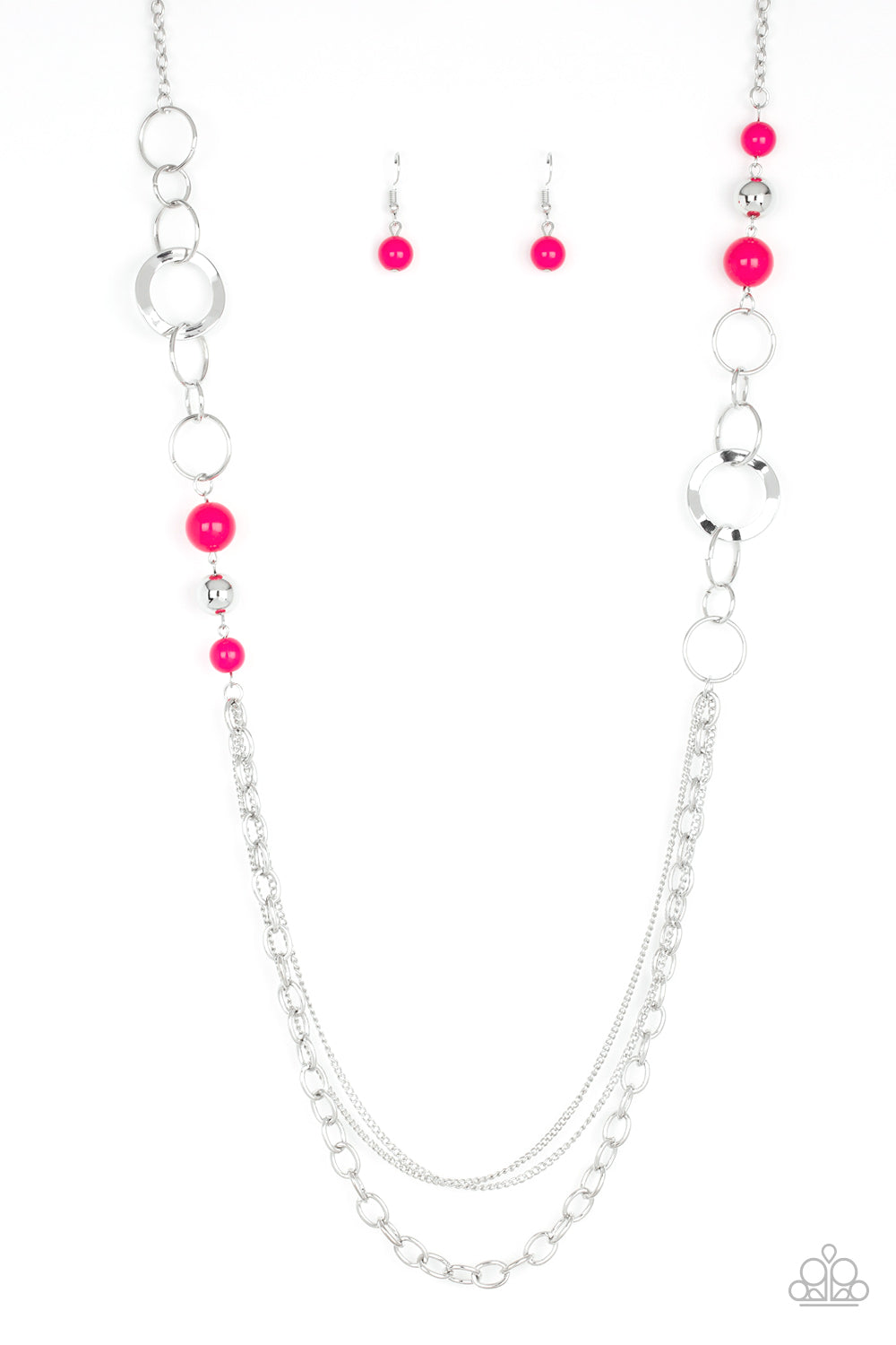 Modern Motley - Pink and Silver Necklace - Paparazzi Accessories - Vivacious pink beads, shiny silver beads, and glistening silver hoops give way to mismatched silver chains for a whimsical look. Features an adjustable clasp closure. Sold as one individual necklace.