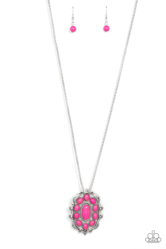 Mojave Medallion - Pink and Silver Necklace - Paparazzi Accessories - Vivacious pink oval stones embellish the front of a decoratively scalloped silver frame, creating an earthy floral pendant at the bottom of an extended silver popcorn chain. Features an adjustable clasp closure. Sold as one individual necklace.