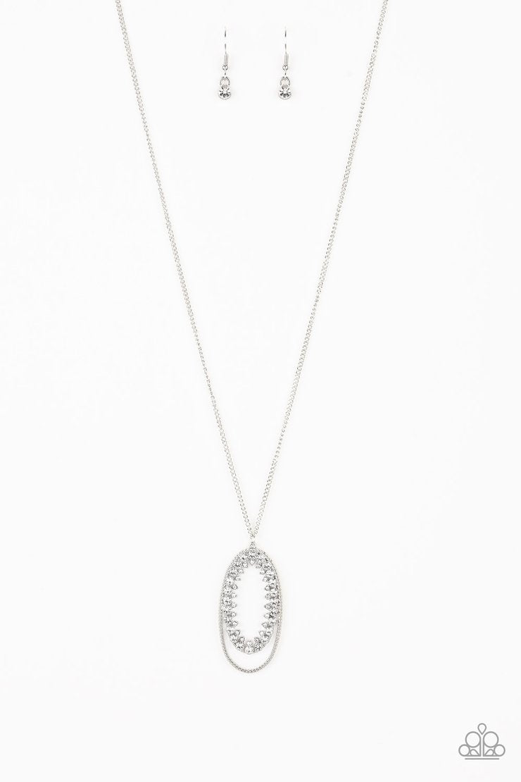 Money Mood - White and Silver Fashion Necklace - Paparazzi Accessories - Ringed in a studded silver frame, glittery white rhinestones collect into glamorous pendant at the bottom of a lengthened silver chain for a refined flair. Features an adjustable clasp closure.