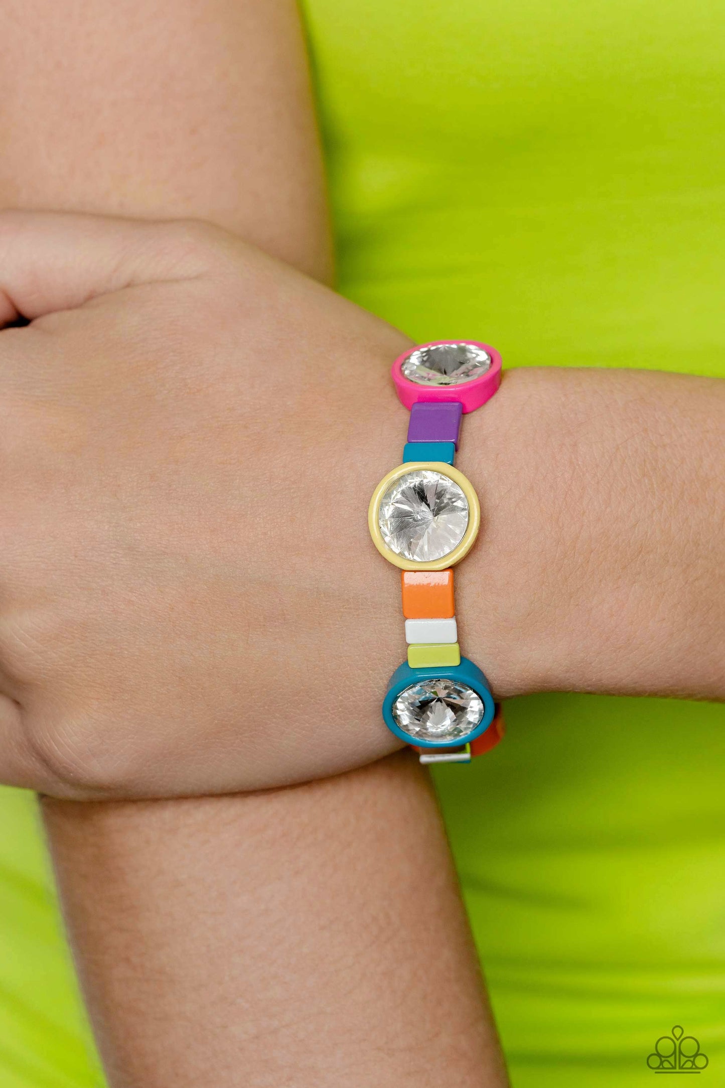 Multicolored Madness - Multi Color Bracelet - Paparazzi Accessories - A colorful display, concaved circular frames in orange, yellow, purple, Pink Peacock, and blue shades feature white gems for a touch of sparkle bracelet.