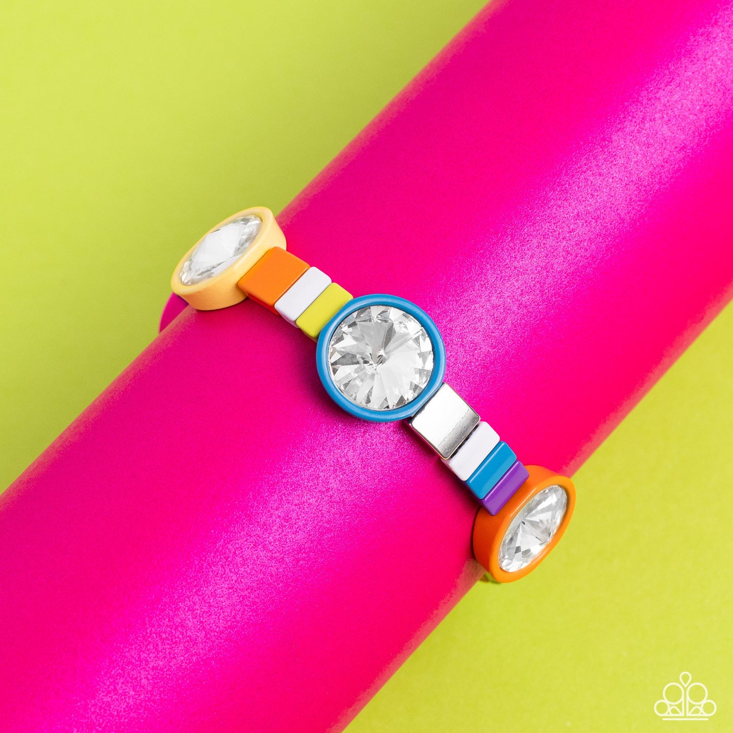 Multicolored Madness - Multi Color Bracelet - Paparazzi Accessories - A colorful display, concaved circular frames in orange, yellow, purple, Pink Peacock, and blue shades feature white gems for a touch of sparkle bracelet.