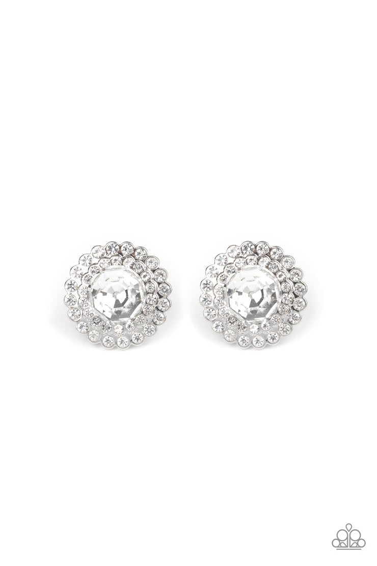 My Second Castle - White Gem and Silver Fashion Earrings - Paparazzi Accessories - An oversized white gem is pressed into a shimmery silver frame stacked with glittery white rhinestones for a glamorous touch. Earring attaches to a standard post fitting. Sold as one pair of post earrings.
