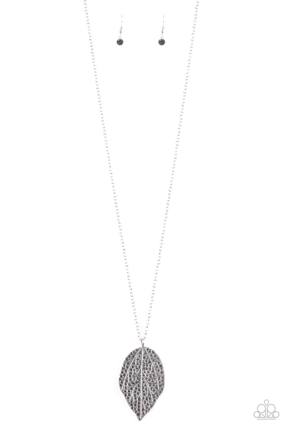 Natural Re-LEAF - Silver - Hematite Necklace - Paparazzi Accessories - Featuring lifelike patterns, a hematite rhinestone encrusted silver leaf swings from the bottom of a lengthened silver chain, creating an edgy pendant. Features an adjustable clasp closure.