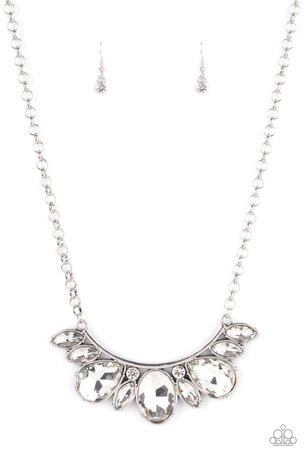 Never SLAY Never - White and Silver Necklace - Paparazzi Accessories - An oversized collection of round, marquise, and teardrop white rhinestones drip from the bottom of a bowing silver bar, coalescing into a sassy statement piece below the collar. Features an adjustable clasp closure fashion necklace.