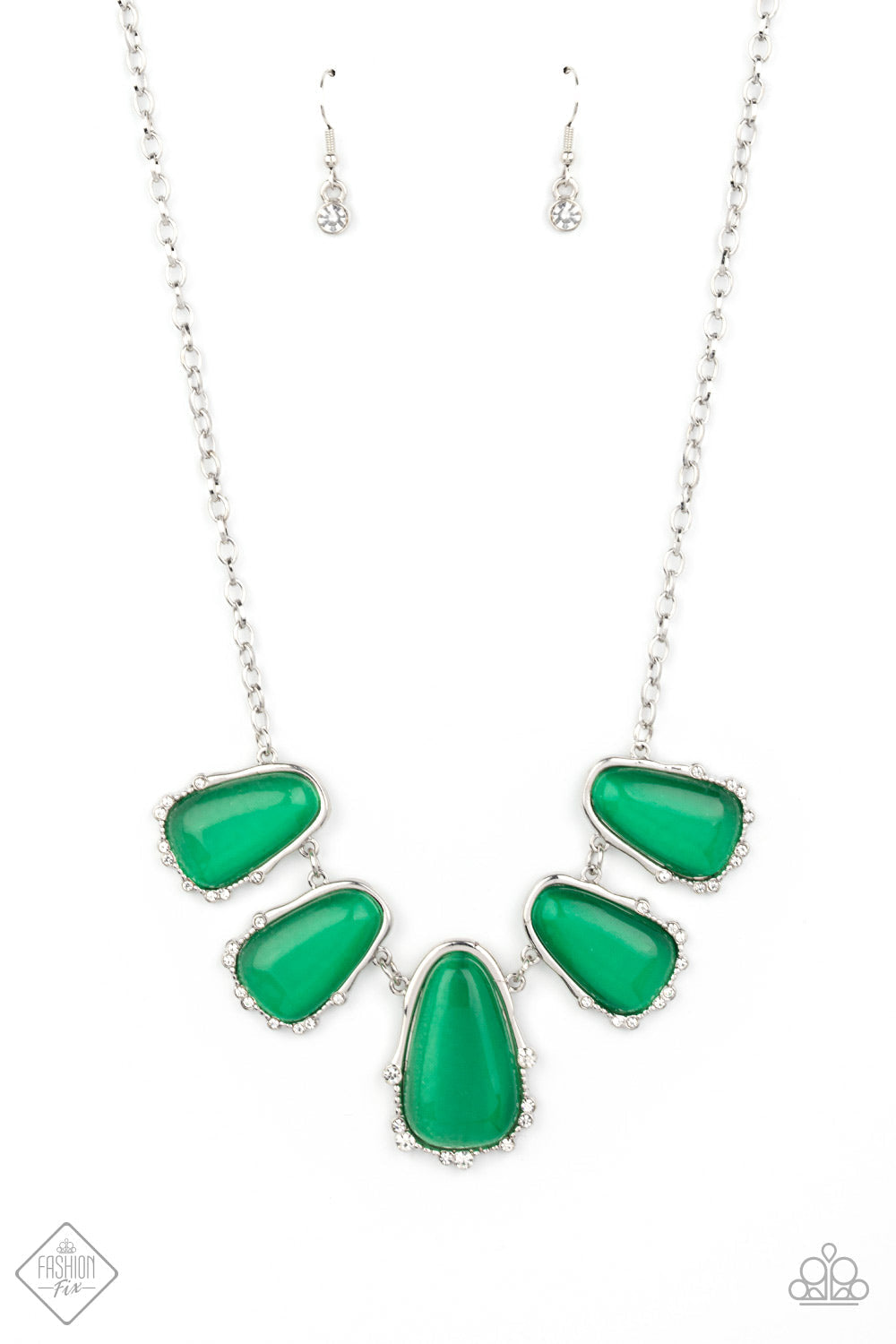 Newport Princess - Mint Green and Silver Necklace - Paparazzi Accessories -Mint cat’s eye stone teardrops are encased inside imperfect silver frames as they link below the collar. The dainty silver frames are dotted in dainty silver studs and glassy white rhinestones, for sparkle to this stylish necklace.