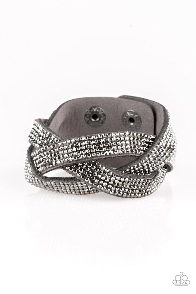 Nice Girls Finish Last - Gray Suede Snap Bracelet - Paparazzi Accessories - Encrusted in row after row of glittery hematite rhinestones, three gray suede bands braid across the wrist for a sassy look.