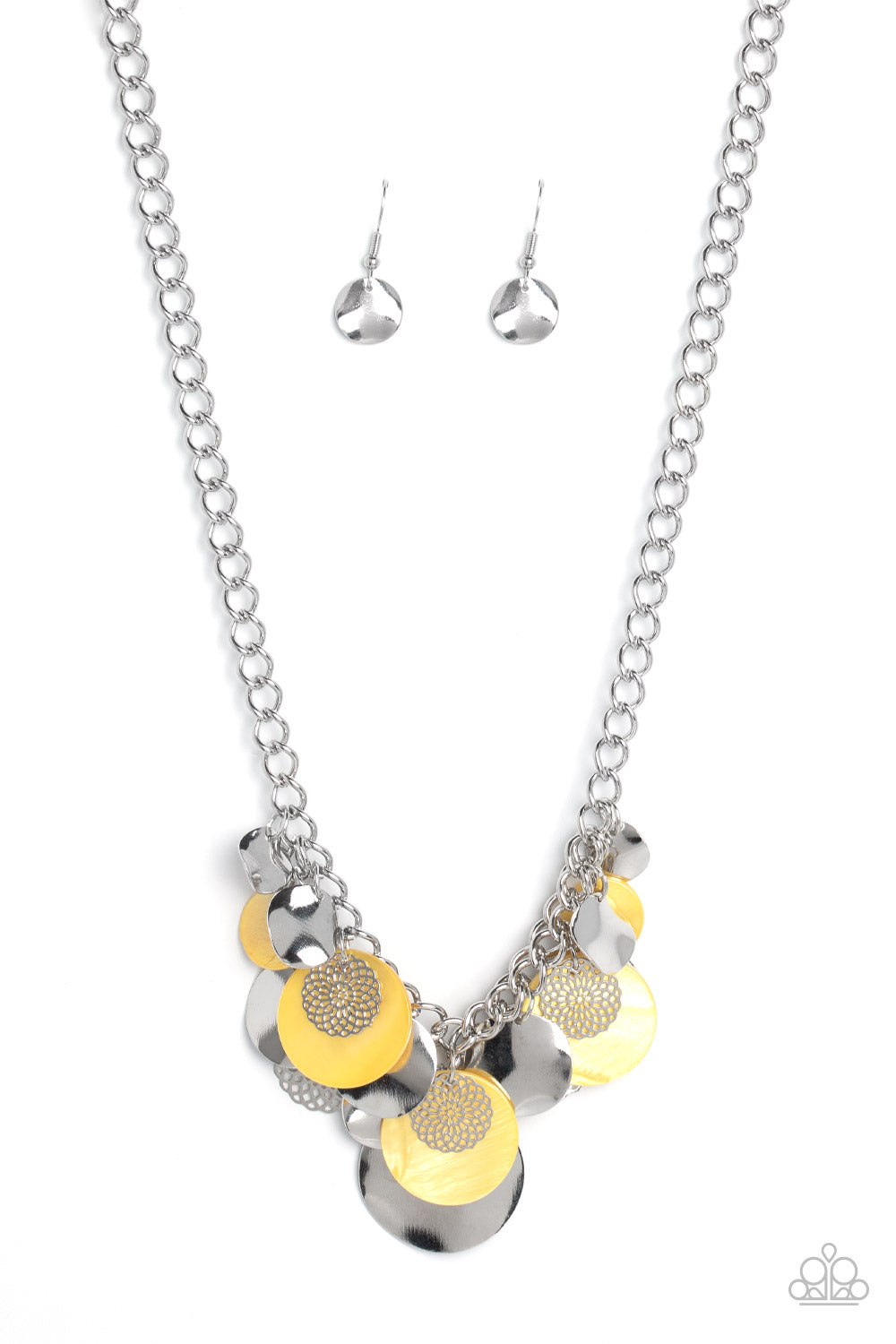 Oceanic Opera - Yellow and Silver Necklace - Paparazzi Accessories - A summery collection of bent silver discs, yellow shell-like discs, and silver mandala-like accents cascades from a pair of layered silver chains, resulting in a bubbly and boisterous fringe below the collar. Features an adjustable clasp closure.