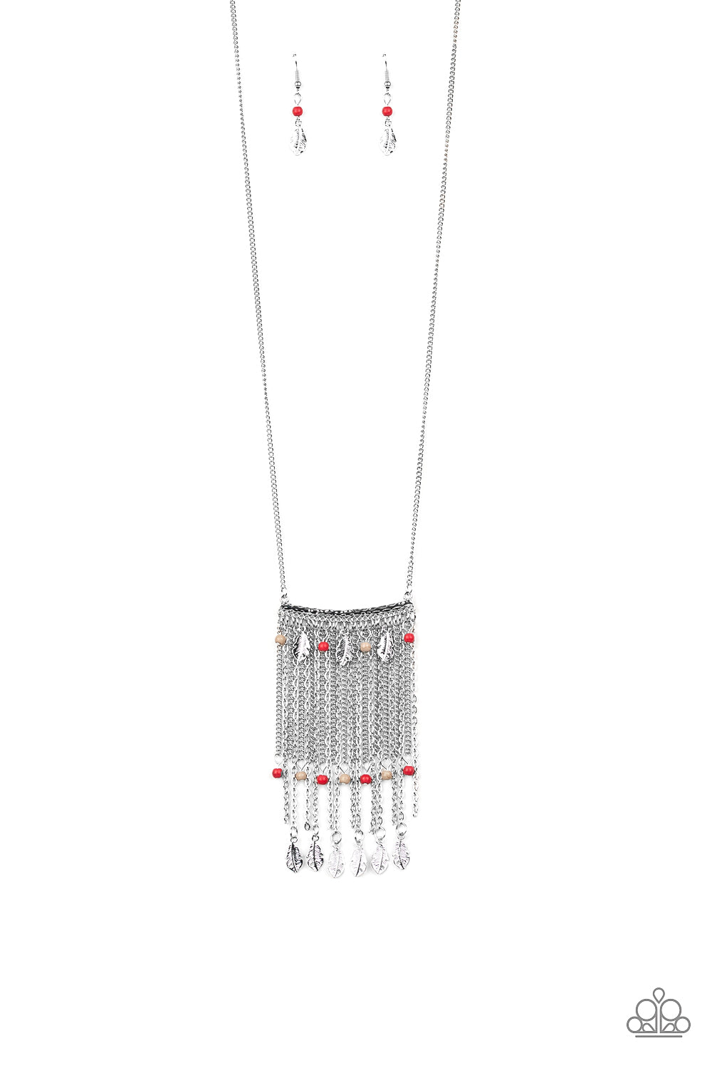 On The Fly - Red Multi Color Necklace - Paparazzi Accessories - Attached to a lengthened silver chain, a hammered silver bar gives way to a fringe of shimmery silver chain, brown and red stone beads, and silver feather frames for a seasonal look. Features an adjustable clasp closure. Sold as one individual necklace.