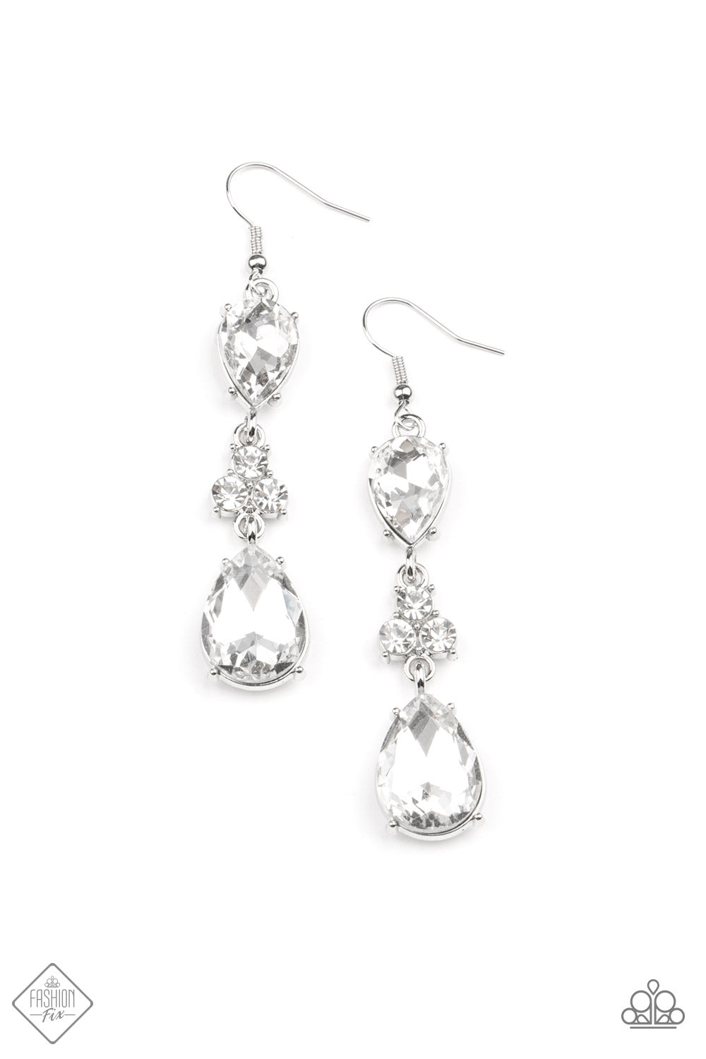 Once Upon a Twinkle - Silver Earrings - Paparazzi Accessories -
A trio of dazzling white rhinestones unites two white teardrop gems as they dangle brilliantly from the ear for a flawless finish. Earring attaches to a standard fishhook fitting. Sold as one pair of earrings.