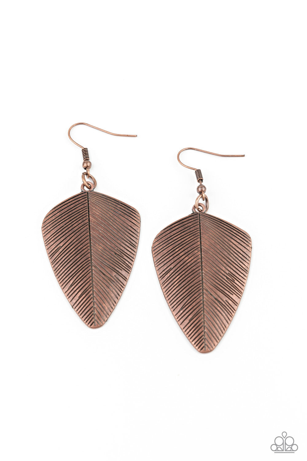 One Of The Flock - Copper Feather Earrings - Paparazzi Jewelry - Bejeweled Accessories By Kristie - Stamped in antiqued details, a dainty copper feather delicately swings from the ear for a rustic look. Earring attaches to a standard fishhook fitting earrings.
