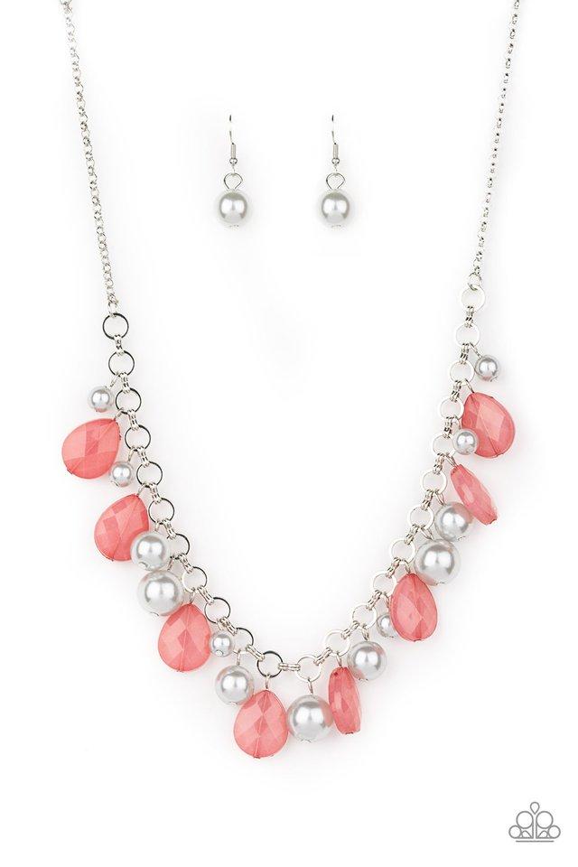 Pacific Posh - Opaque Pink and Silver Necklace - Paparazzi Accessories - A refined collection of opaque pink teardrops and pearly silver beads swing from shimmery silver links below the collar, creating a fabulous fringe. Features an adjustable clasp closure. Sold as one individual necklace.