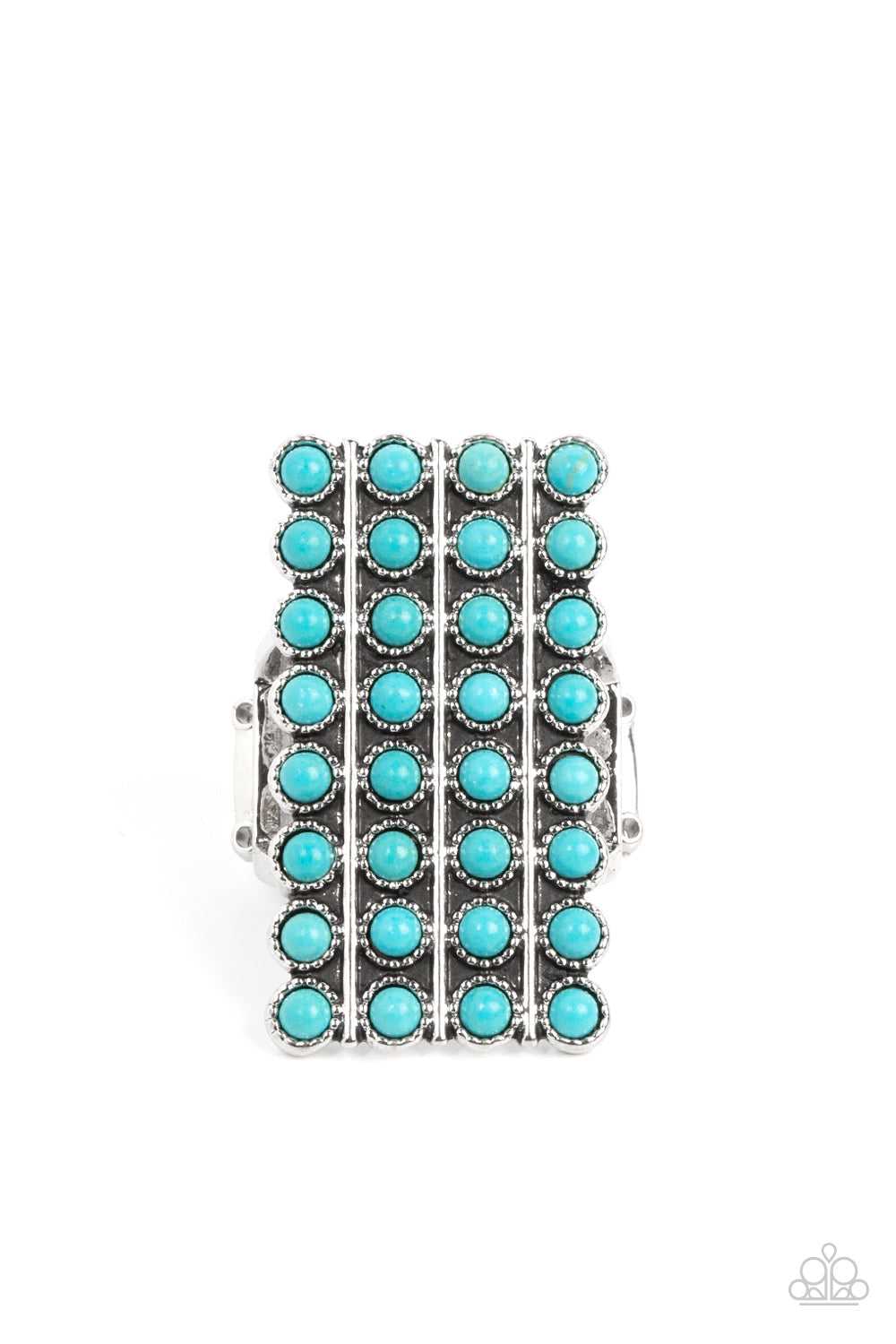 Pack Your SADDLEBAGS - Blue Turquoise Ring - Paparazzi Accessories - Bordered in antiqued silver studs, rows of dainty turquoise stones boldly stack up the finger across the front of an oversized rectangular silver frame for an earthy vibe atop the finger.