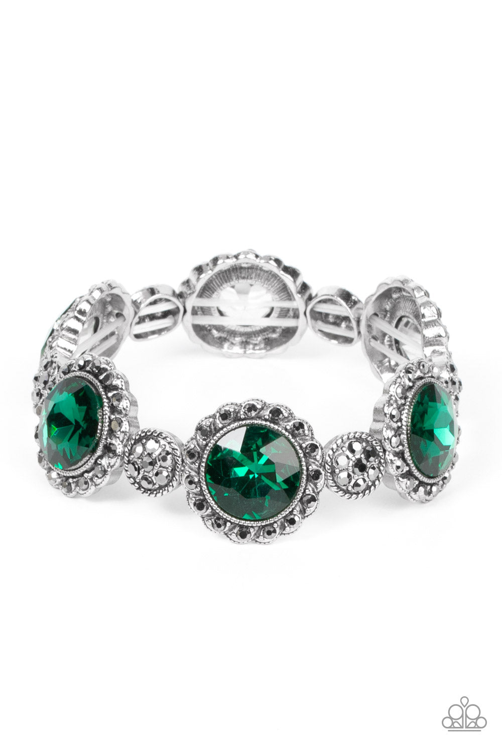 Palace Property - Green and Silver Bracelet - Paparazzi Accessories - An oversized green rhinestone adorns the center of a hematite rhinestone petaled floral frame. Infused with hematite dotted silver accents, the glitzy floral frames sparkle along stretchy bands around the wrist for a glamorous finish. Bejeweled Accessories By Kristie - Trendy fashion jewelry for everyone -