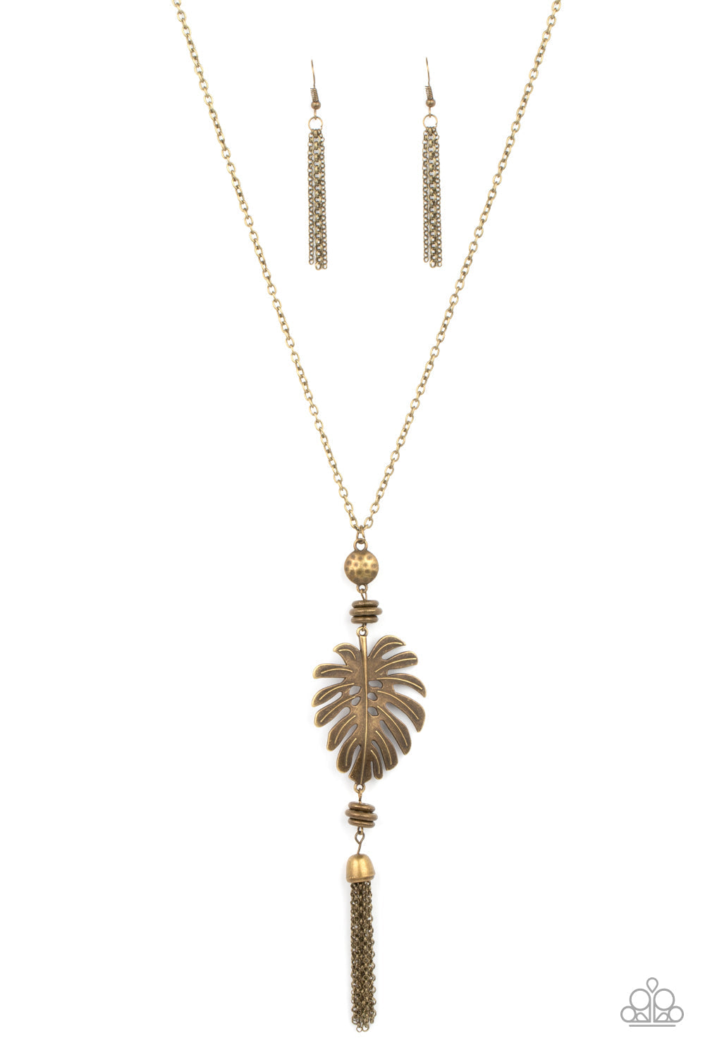 ​Palm Promenade - Brass Palm Leaf Necklace - Paparazzi Accessories -Â
Infused with brass beaded accents, a lifelike brass palm leaf frame attaches to the bottom of a rustic brass chain. An antiqued brass chain tassel swings from the bottom, adding flirtatious movement to the summery statement piece. Features an adjustable clasp closure.
Sold as one individual necklace. Includes one pair of matching earrings.