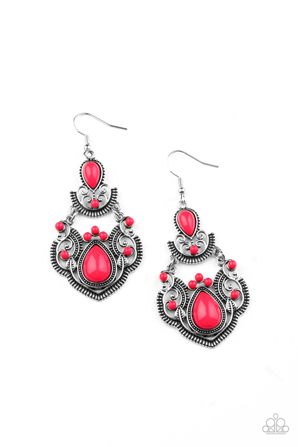 Palm Tree Tiaras - Pink and Silver Fashion Earrings - Paparazzi Accessories - Dotted with round and teardrop pink beads, a stacked silver frame radiating with studded and linear detail swings from the ear for a colorfully regal look. Earring attaches to standard fishhook fitting. Sold as one pair of earrings.