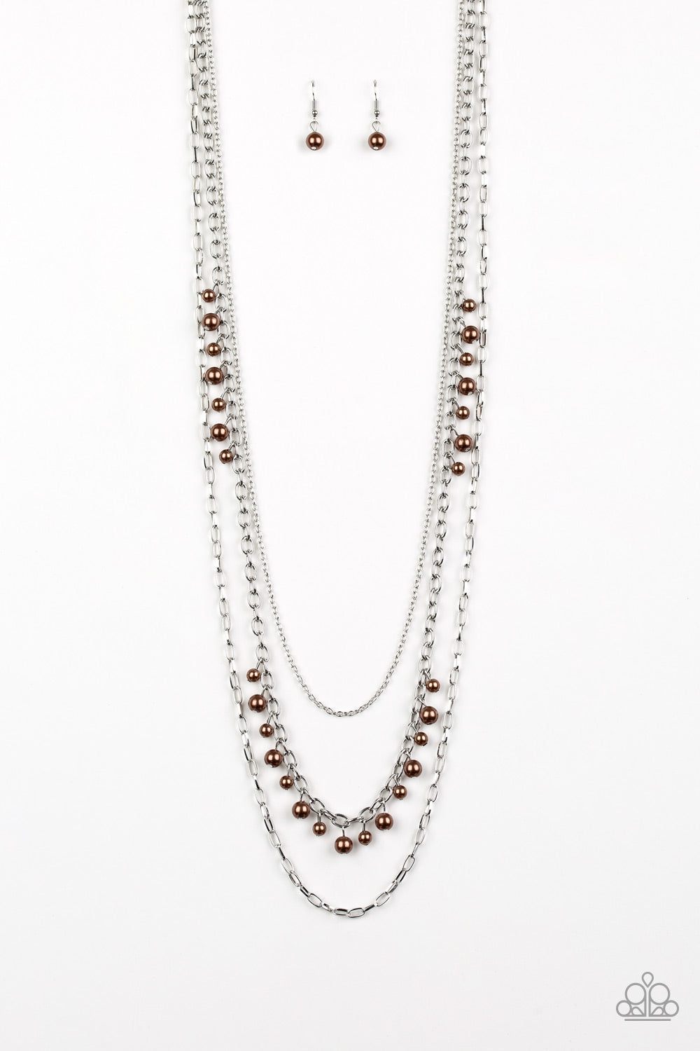 Pearl Pageant - Brown and Silver Necklace - Paparazzi Jewelry - Bejeweled Accessories By Kristie - Three mismatched silver chains layer down the chest. Dainty brown pearls cascade down one silver chain.