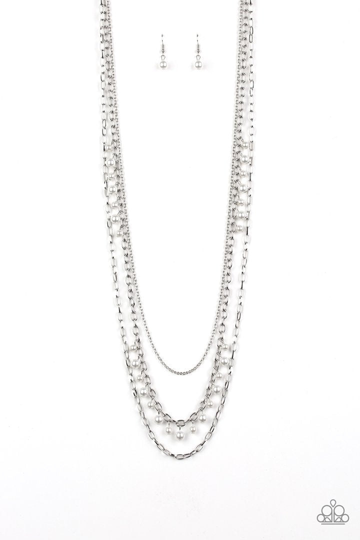 Pearl Pageant - Silver Necklace - Paparazzi Accessories - Three mismatched silver chains layer down the chest. Dainty gray pearls cascade down one silver chain, adding a flirty twist to the timeless pearl palette.