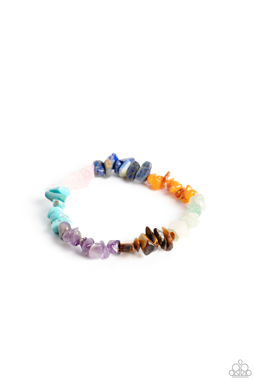 Pebbled Plains - Multi Color Pebble Bracelet - Paparazzi Accessories - An earthy collection of turquoise, lapis, jade, amethyst, Tiger's eye, orange, gray, and pink pebbles are threaded along a stretchy band around the wrist for a Southwestern finish. Sold as one individual bracelet.