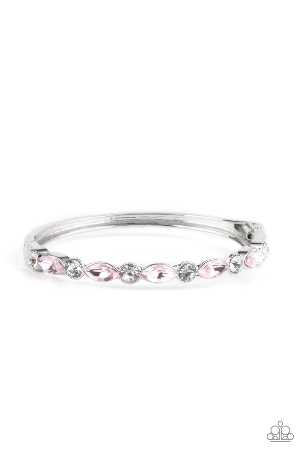 Petitely Powerhouse - Pink and Silver Bracelet - Paparazzi Accessories - A sparkly collection of round white rhinestones and marquise pink rhinestones alternate across the top of the wrist, coalescing into a stackable bangle-like bracelet.
