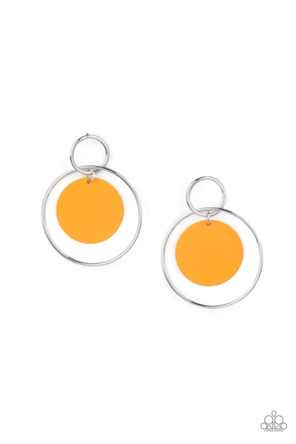 POP, Look, and Listen - Orange and Silver Earrings - Paparazzi Accessories - Marigold disc swings from two interlocking silver hoops, creating a flirtatious pop of color. Earring attaches to a standard post fitting. Sold as one pair of post earrings.